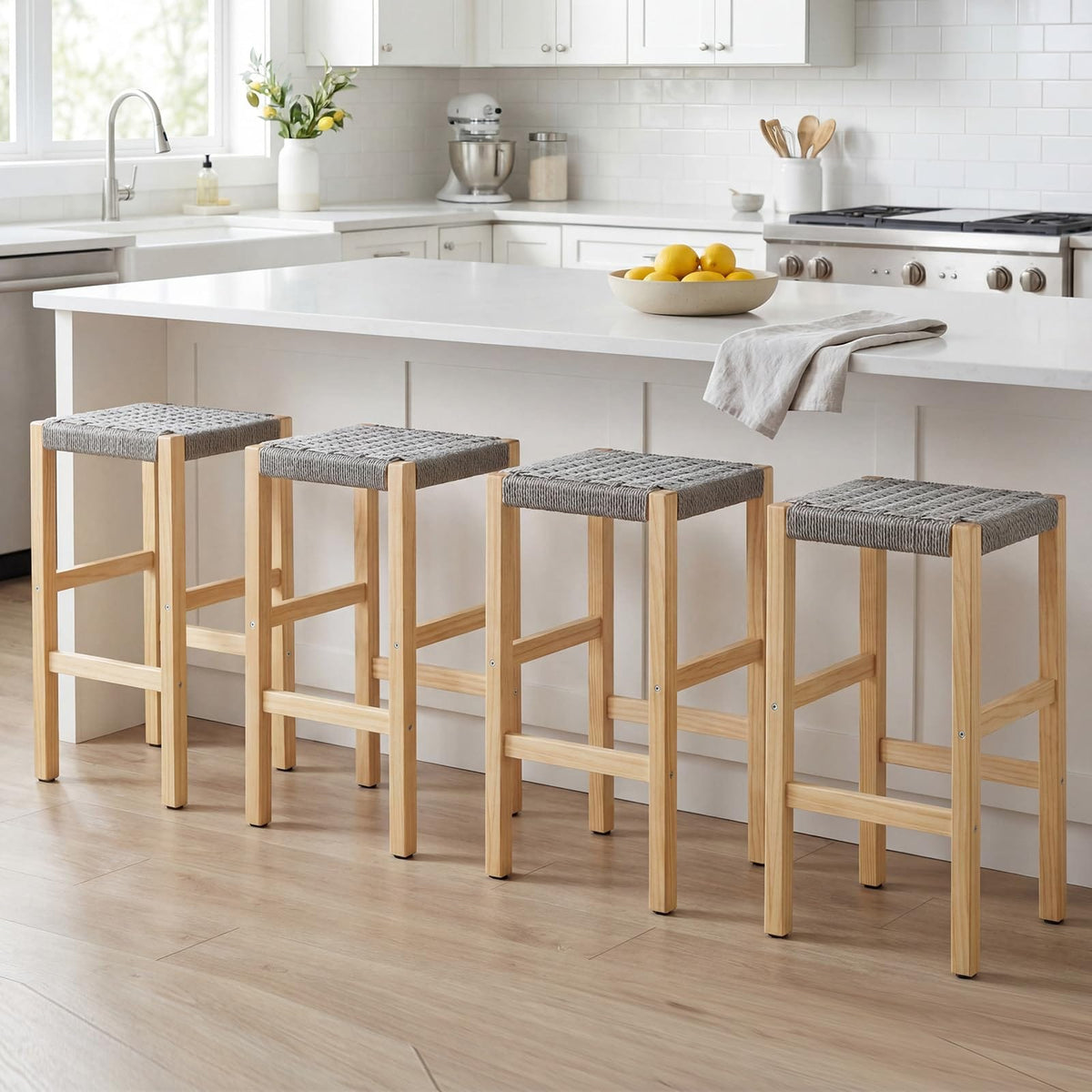 Shano chairus Woven Rope Bar Stools | Solid Wood Frame | Kitchen Counter Stools | 65cm | Set of 2 or 4