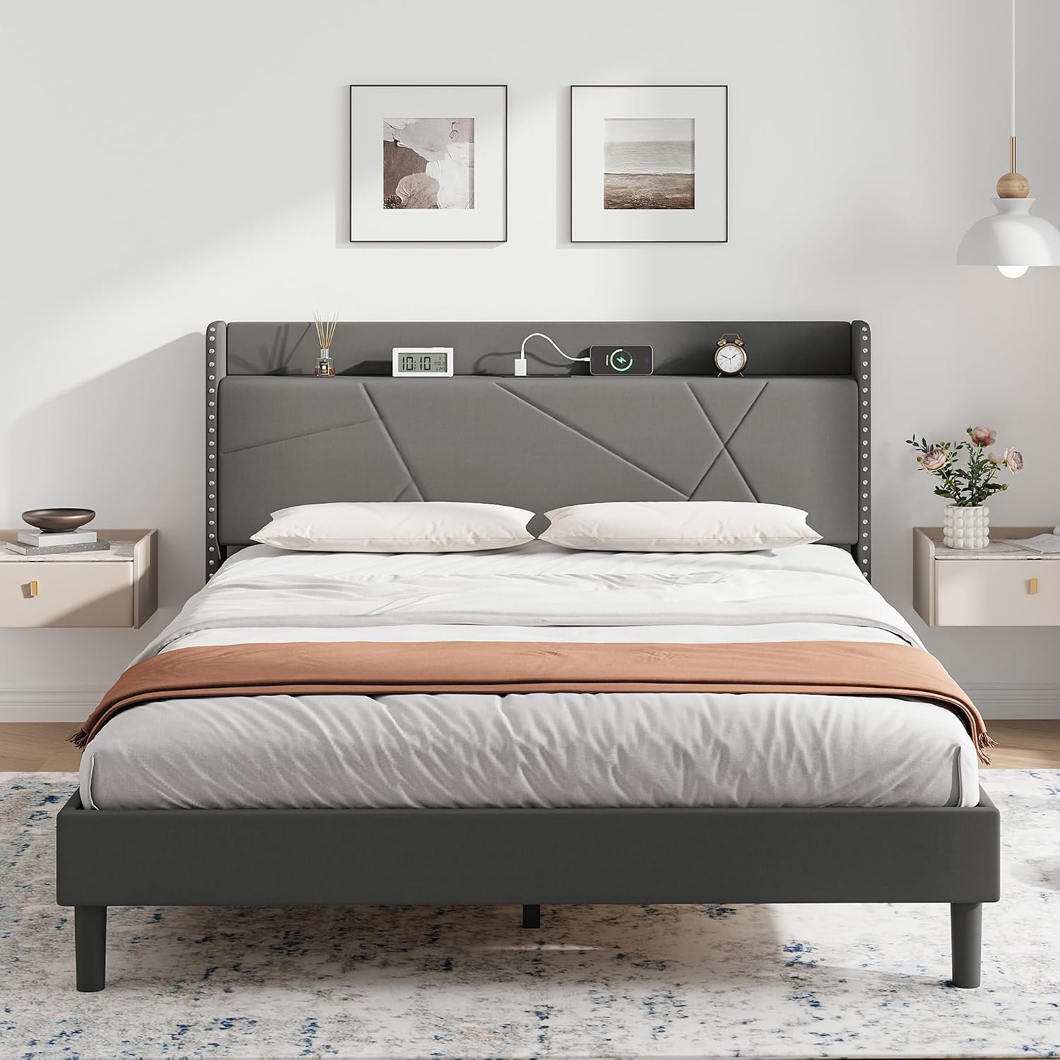 Upholstered Bed Frame with Built-In Charging Station | Linen Headboard | Storage | Single, Double & King