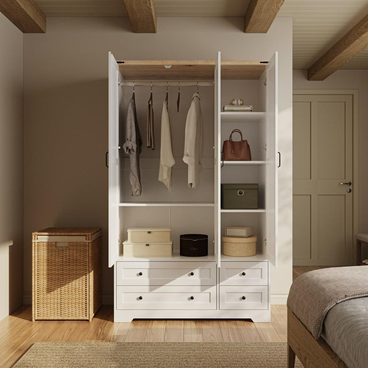 Shano Wardrobe with 3 Doors & 4 Drawers | White, Black, Grey & Oak