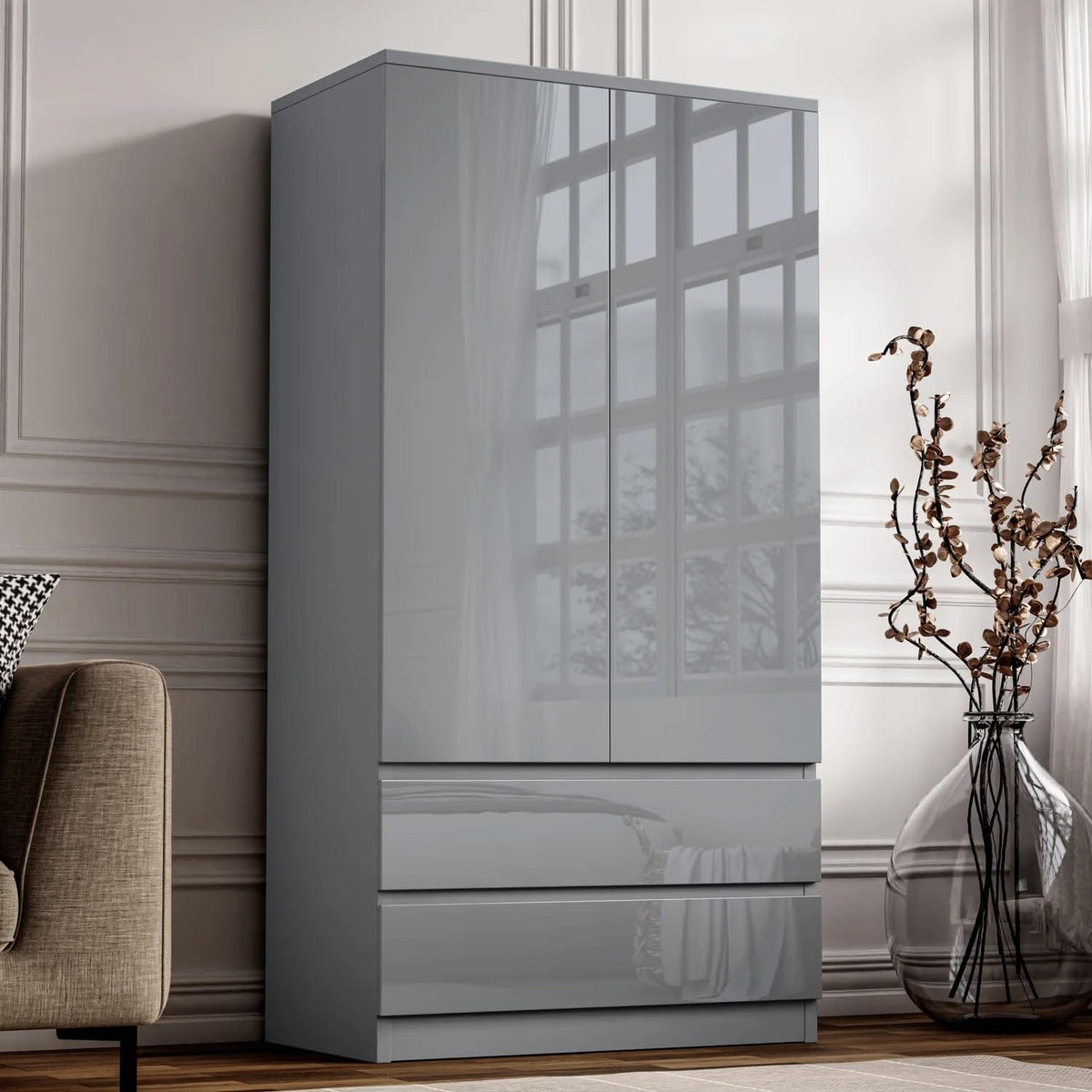 Shano High Gloss Wardrobe for Bedroom – White 2 Door & 2 Drawers Wooden Wardrobe with Hanging Rail, Modern Double Clothes Storage Cupboard Unit for Bedroom Furniture
