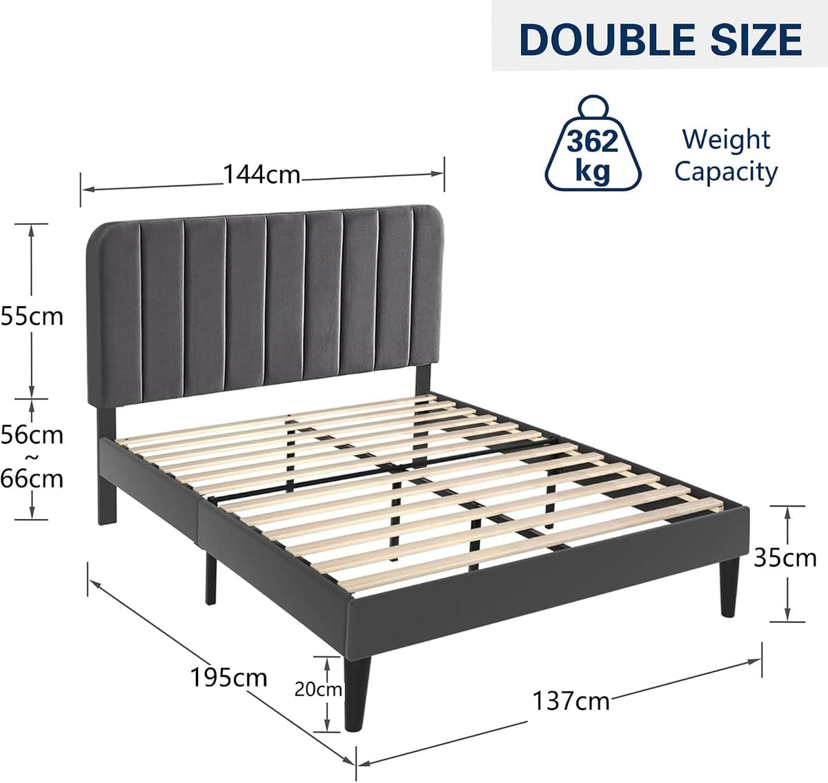 Shano Furniture Velvet Upholstered Double Bed Frame, Grey