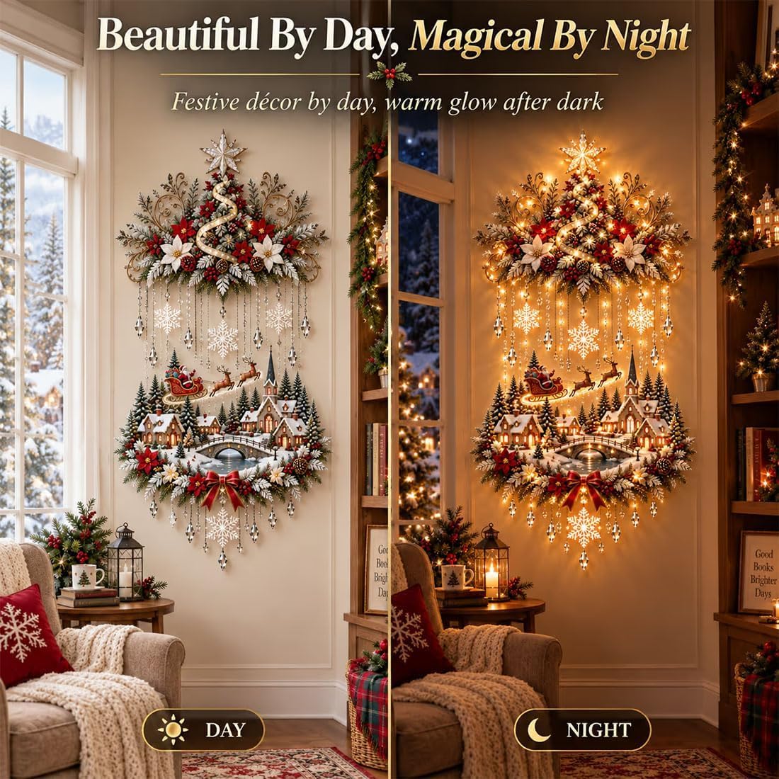 Illuminated Christmas Tree & Village Wall Hanging,Warm Light Holiday Decor