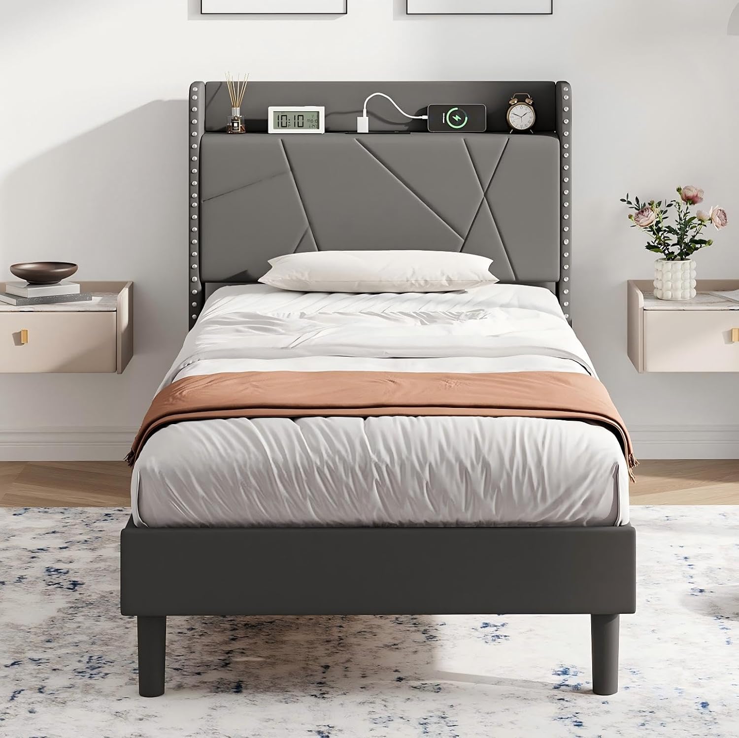 Upholstered Bed Frame with Built-In Charging Station | Linen Headboard | Storage | Single, Double & King