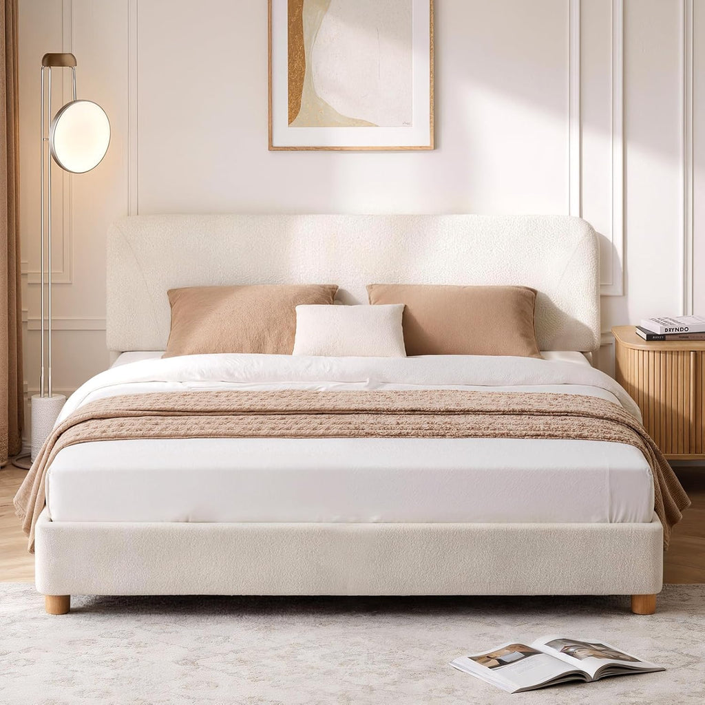 Boucle Cloud Bed Frame | Upholstered Adjustable Headboard | Solid Wood Legs | Double & King