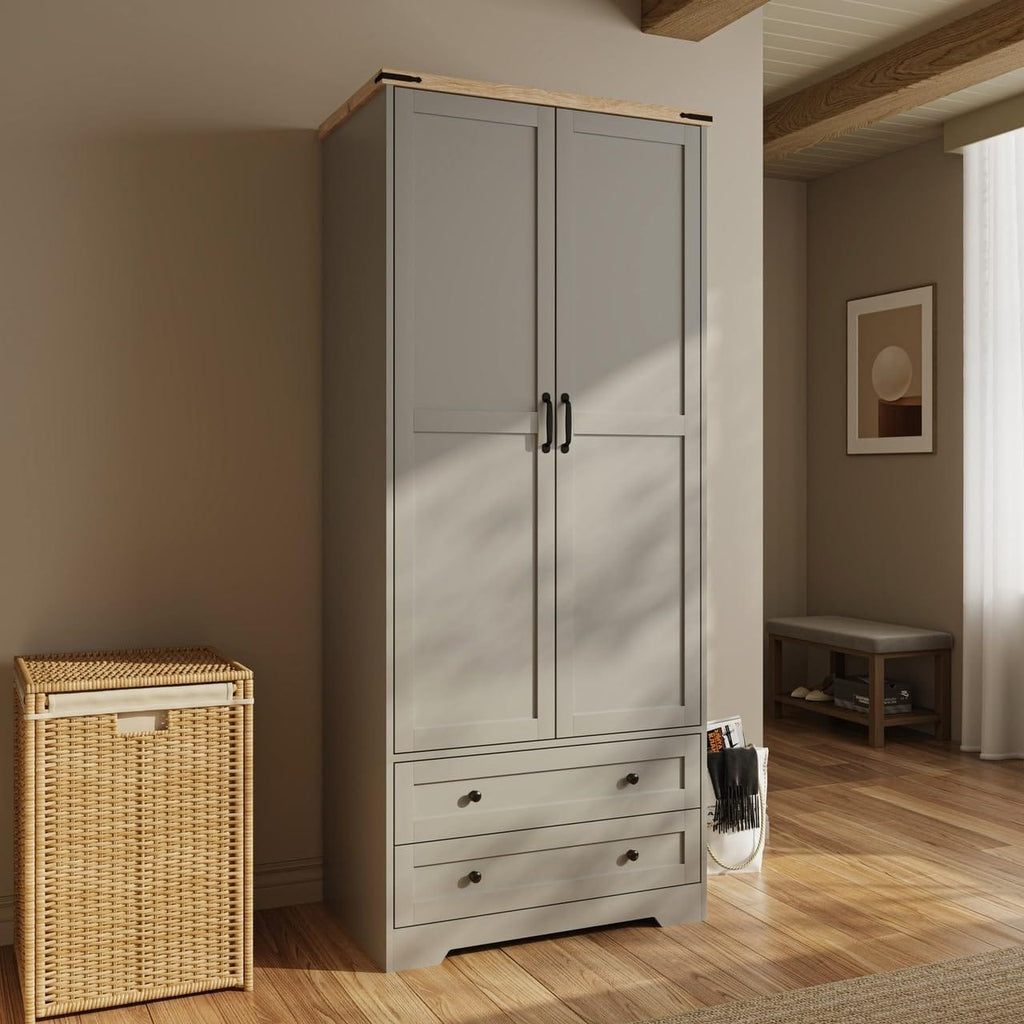 Shano Wardrobe with 3 Doors & 4 Drawers | White, Black, Grey & Oak
