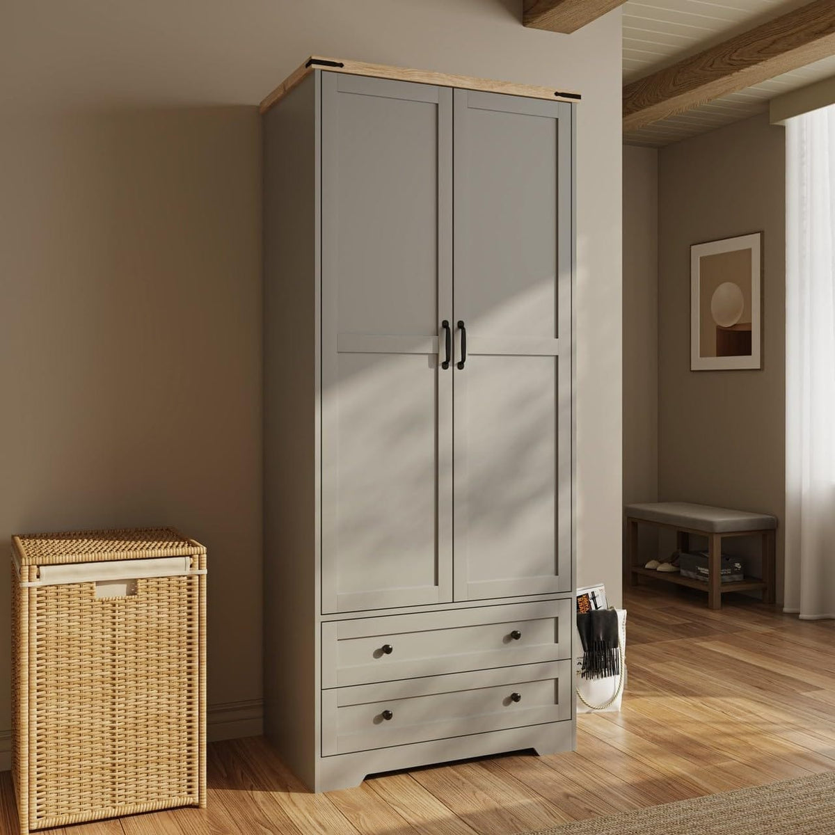 Shano Wardrobe with 3 Doors & 4 Drawers | White, Black, Grey & Oak