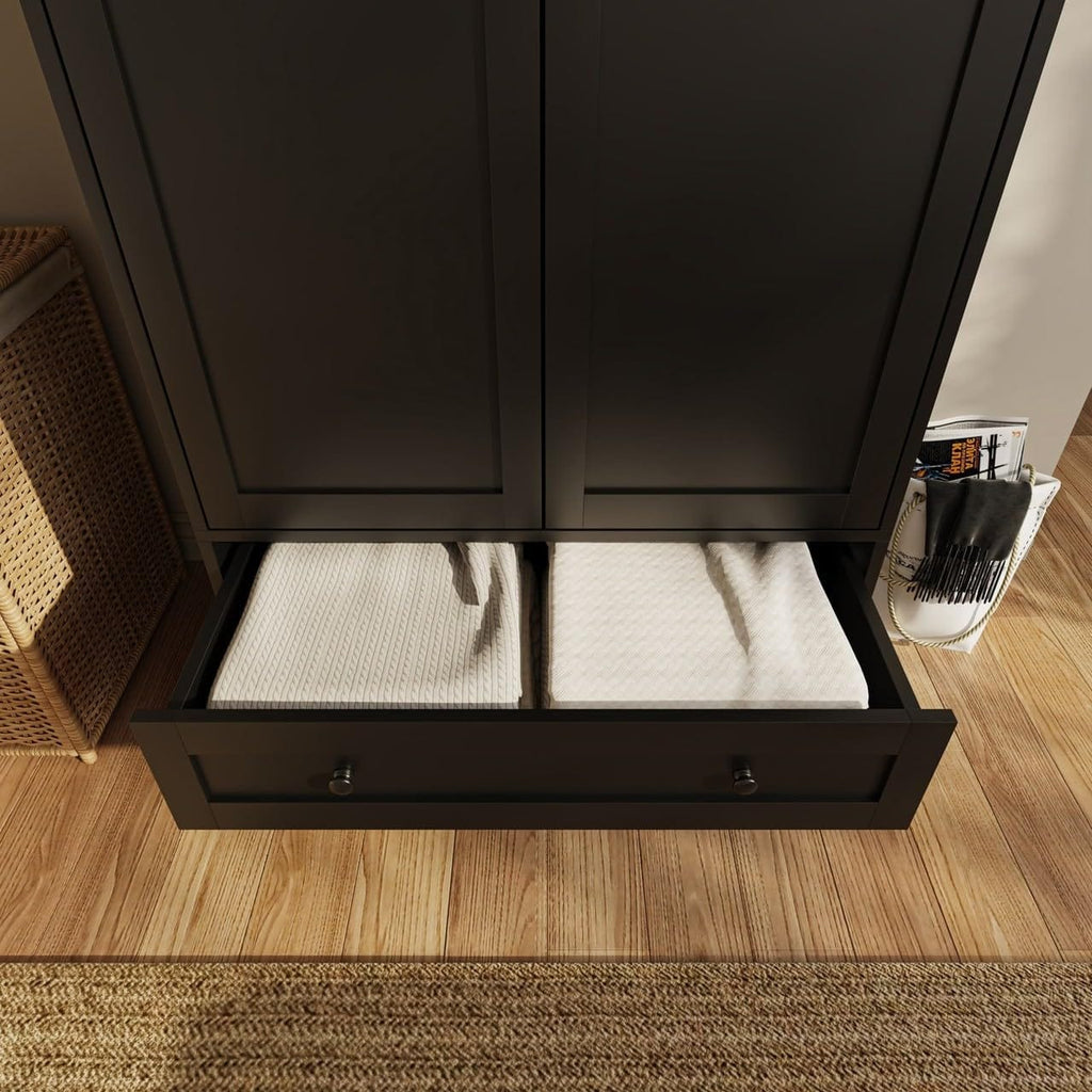 Shano Wardrobe with 3 Doors & 4 Drawers | White, Black, Grey & Oak
