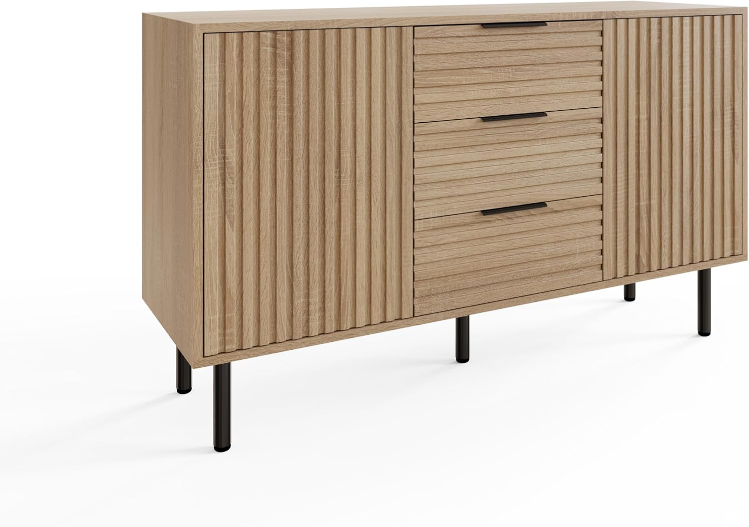 Art Deco Sideboard with 3 Drawers & 2 Doors | Wood Grain Finish | Brushed Metal Handles | Oak, Ivory & Black