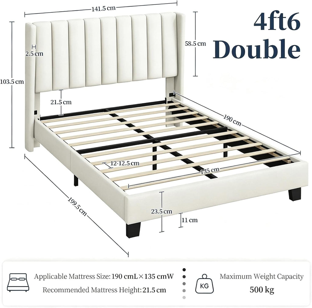 Shano Furniture Channel-Tufted Wing Bed Frame, Double, Beige
