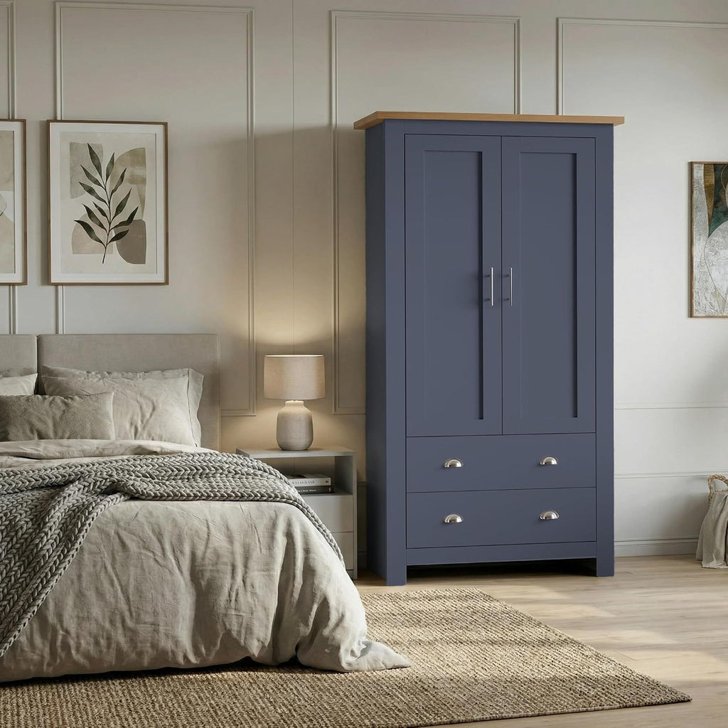 Shano 3 Door Wardrobe with Hanging Rail, 4 Shelves & 2 Drawers | White, Grey & Blue