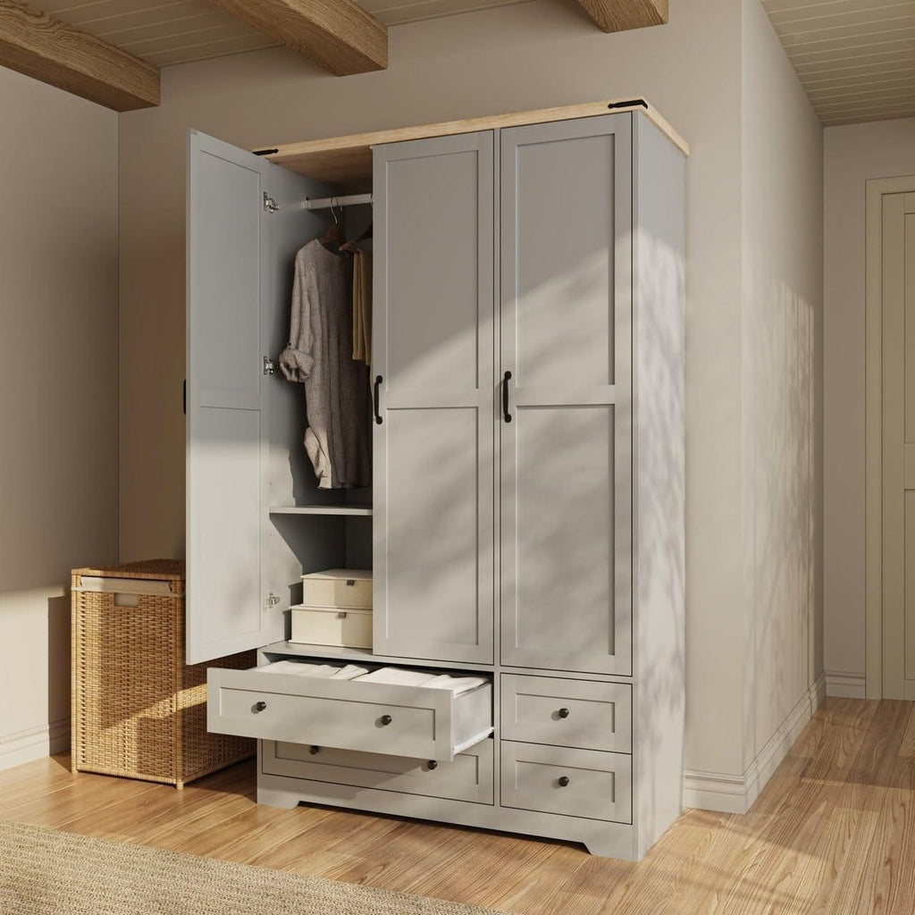 Shano Wardrobe with 3 Doors & 4 Drawers | White, Black, Grey & Oak
