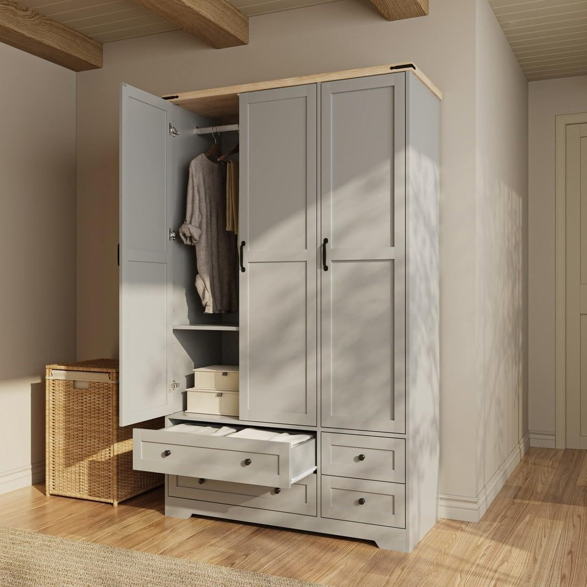 Shano Wardrobe with 3 Doors & 4 Drawers | White, Black, Grey & Oak