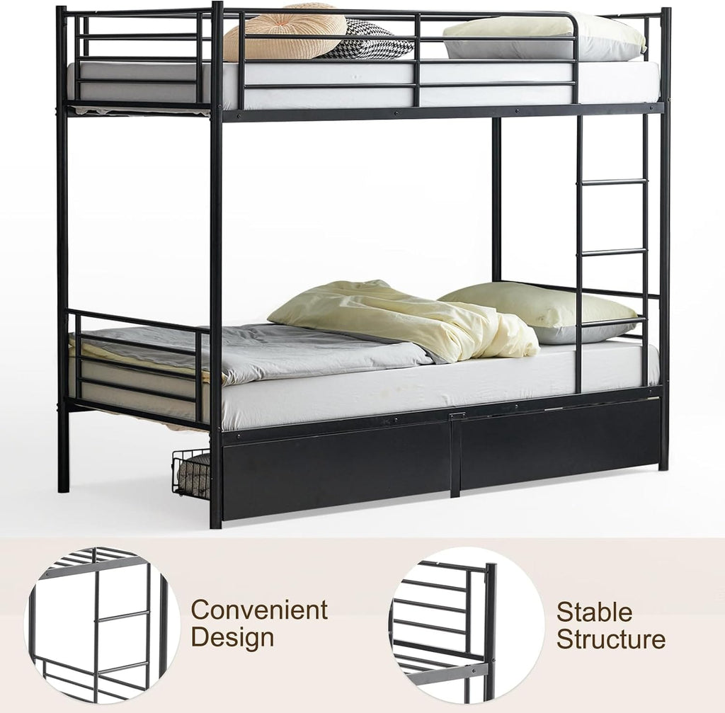 Heavy Duty Metal Bunk Bed Frame with 2 Storage Drawers