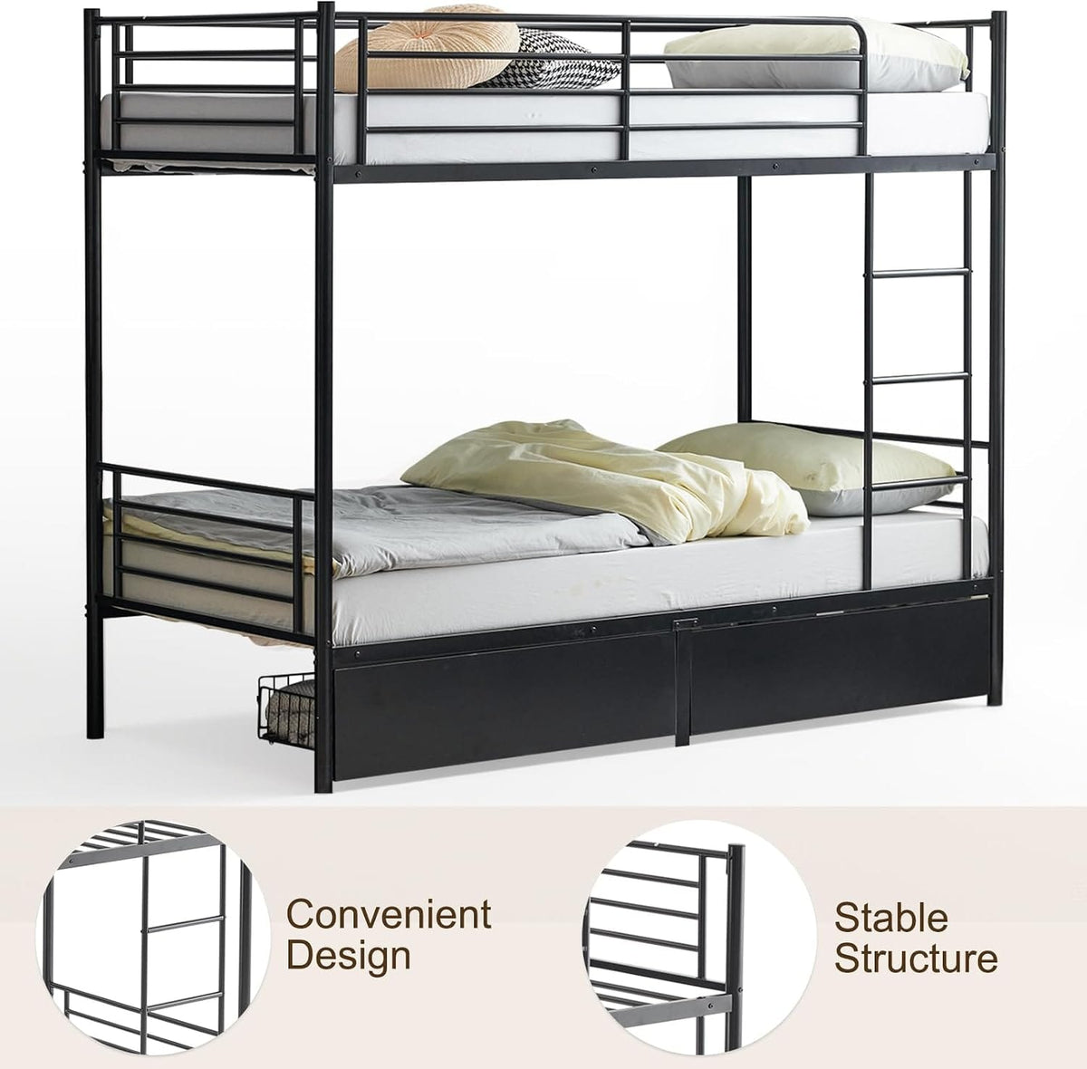 Heavy Duty Metal Bunk Bed Frame with 2 Storage Drawers
