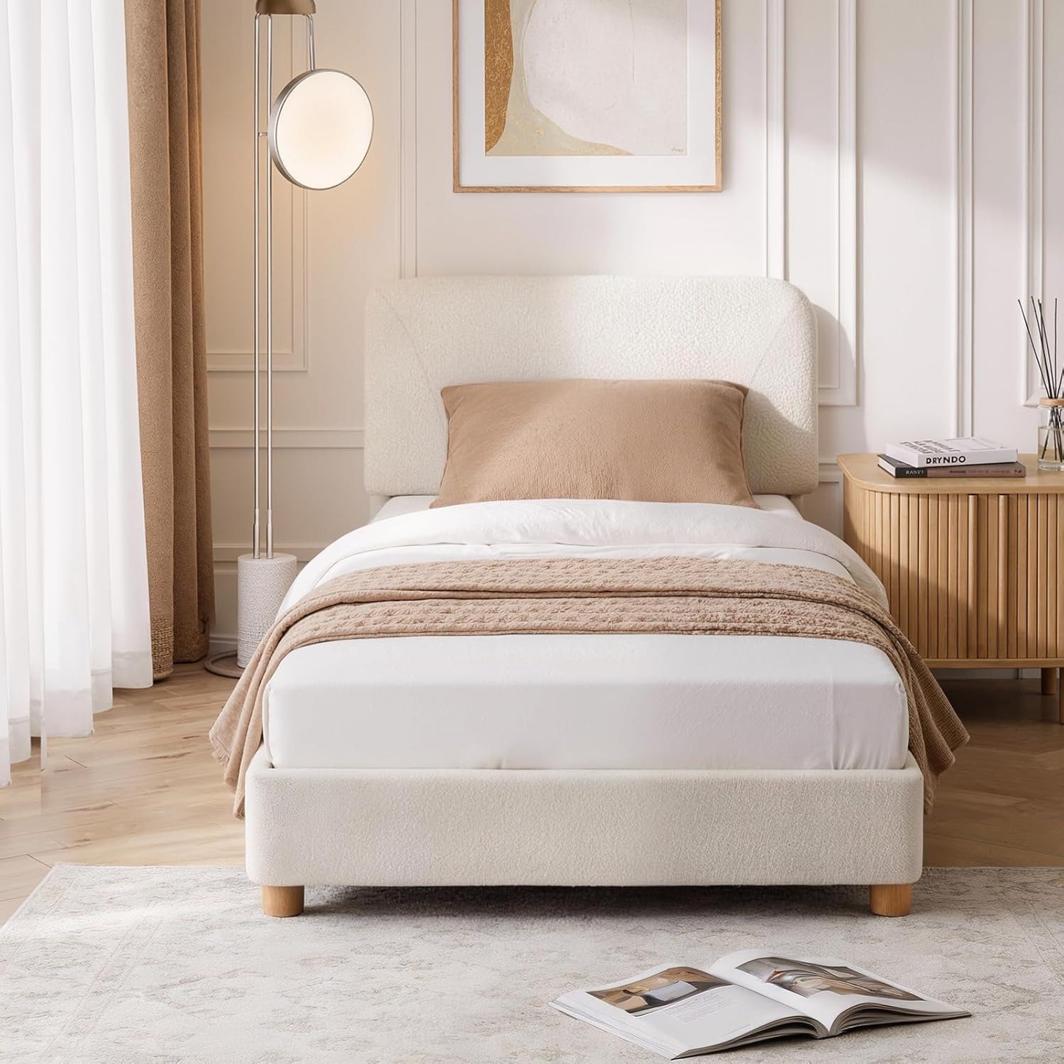 Boucle Cloud Bed Frame | Upholstered Adjustable Headboard | Solid Wood Legs | Double & King