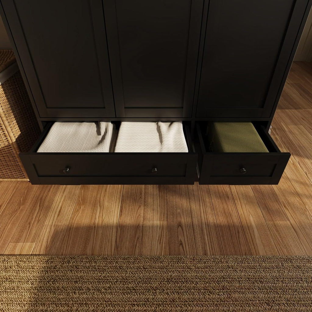 Shano Wardrobe with 3 Doors & 4 Drawers | White, Black, Grey & Oak