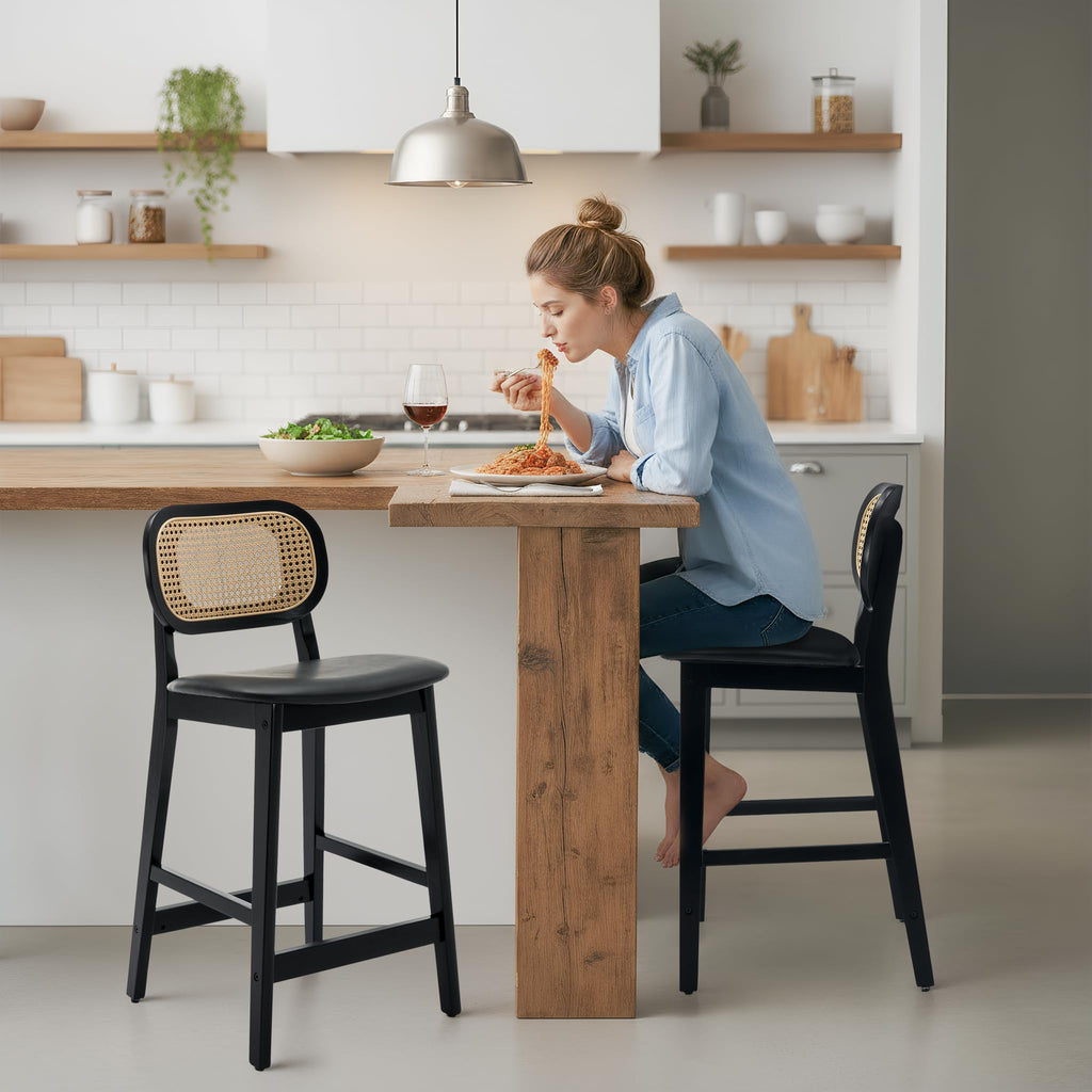 Shano Bar Stools Set of 2 | Rattan Backrest | Adjustable Height | PU Cushion | 4 Colours