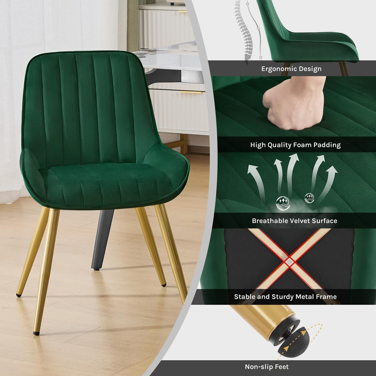 Shano Lestarain Dining Chairs Set of 4 | Velvet & Faux Leather | Ergonomic | 150kg Capacity