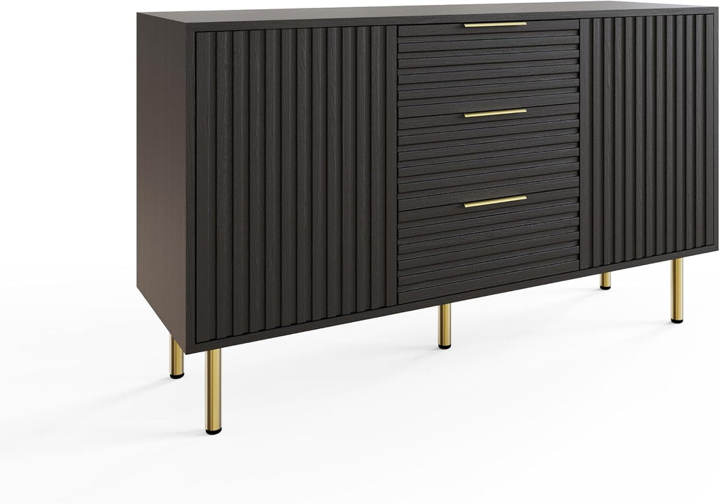 Art Deco Sideboard with 3 Drawers & 2 Doors | Wood Grain Finish | Brushed Metal Handles | Oak, Ivory & Black
