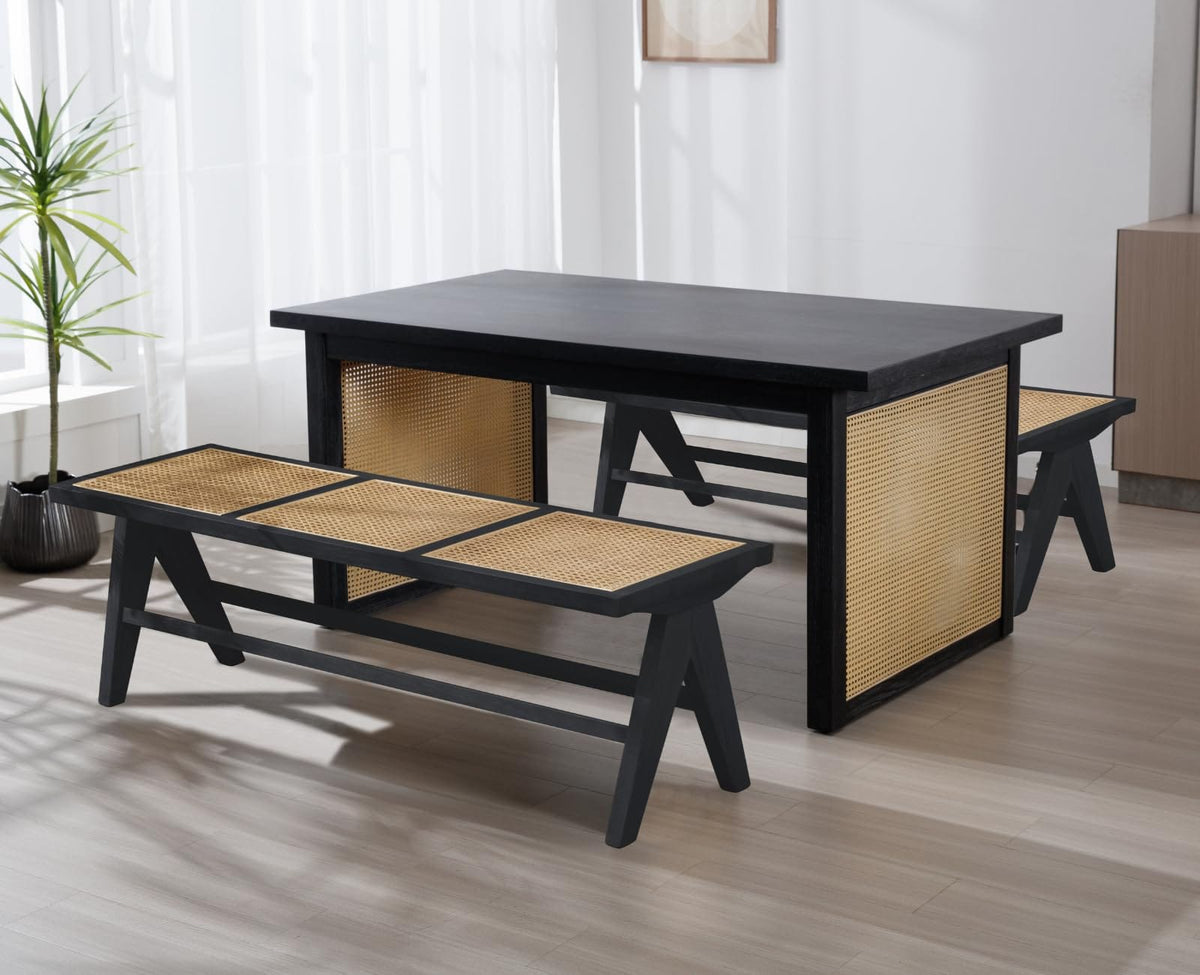 Shano Rattan Dining Bench | Solid Wood Frame | Woven Rattan Seat | Entryway Ottoman | 2 Colours