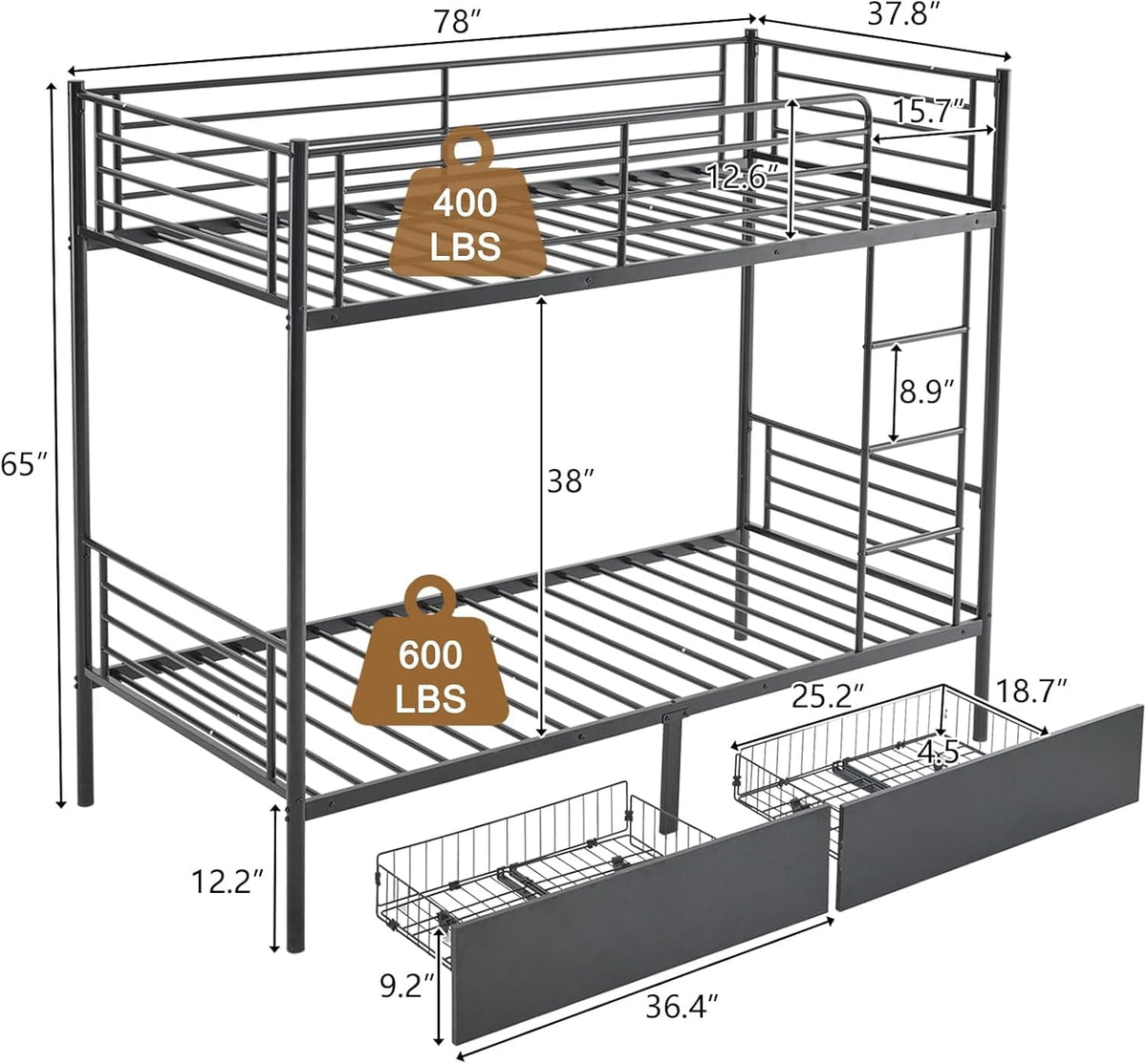 Heavy Duty Metal Bunk Bed Frame with 2 Storage Drawers