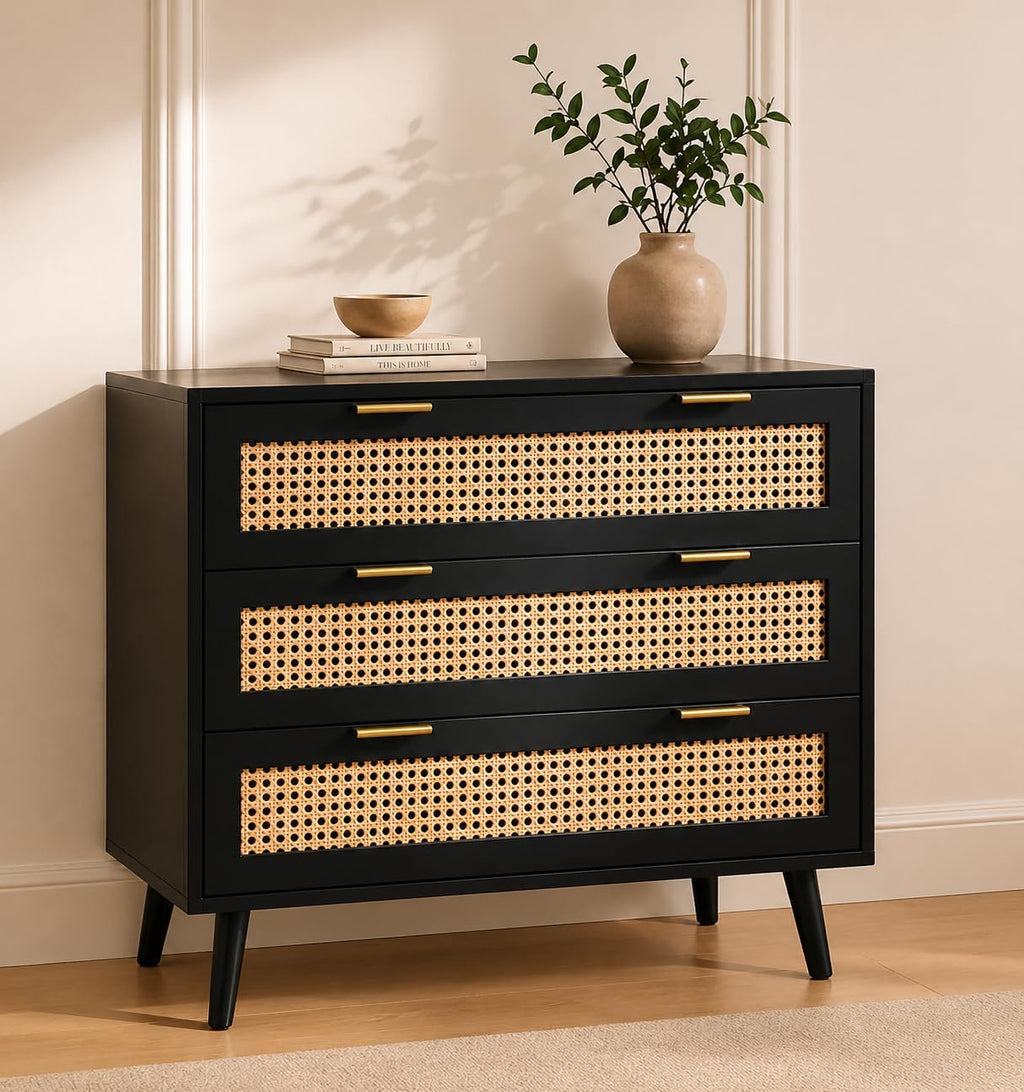 Black Rattan Chest of 3 Drawers | Real Rattan Fronts | Solid Pine Legs | Golden Handles | Bedroom & Living Room