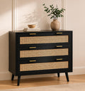 Black Rattan Chest of 3 Drawers | Real Rattan Fronts | Solid Pine Legs | Golden Handles | Bedroom & Living Room