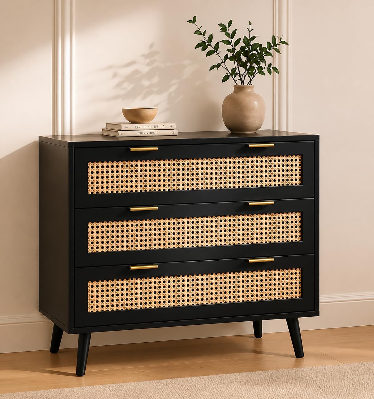 Black Rattan Chest of 3 Drawers | Real Rattan Fronts | Solid Pine Legs | Golden Handles | Bedroom & Living Room