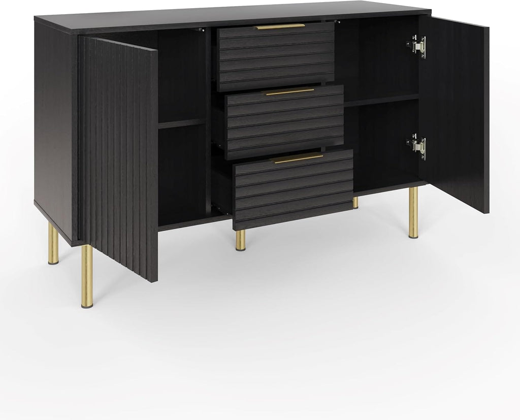 Art Deco Sideboard with 3 Drawers & 2 Doors | Wood Grain Finish | Brushed Metal Handles | Oak, Ivory & Black