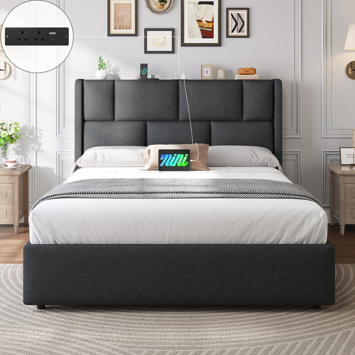 Ottoman Single Bed Frame with Hydraulic Storage, Charging Station & Adjustable Headboard | Grey | 3ft (90x190cm)