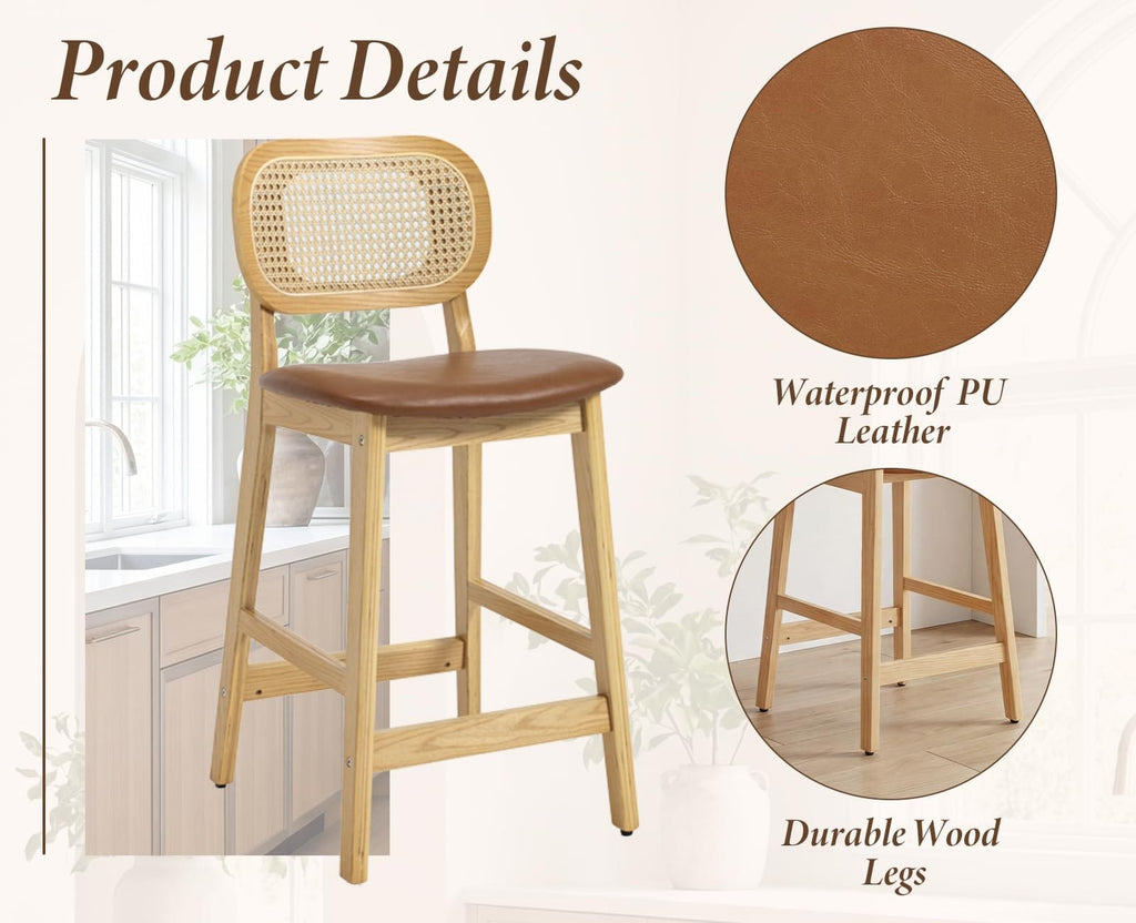 Shano Bar Stools Set of 2 | Rattan Backrest | Adjustable Height | PU Cushion | 4 Colours