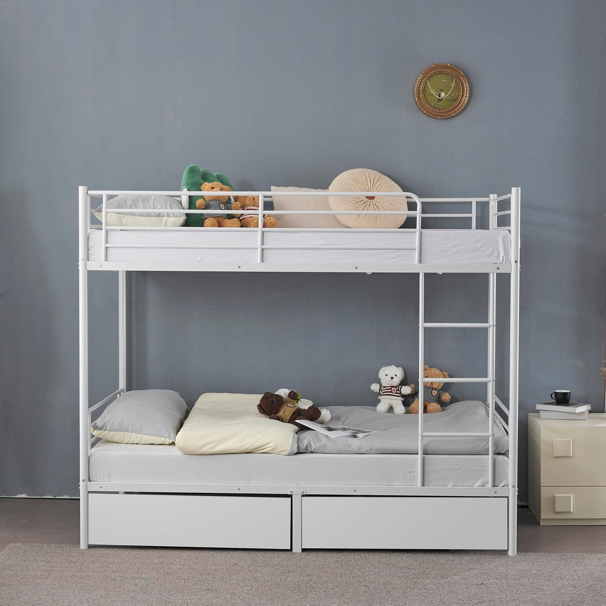 Heavy Duty Metal Bunk Bed Frame with 2 Storage Drawers