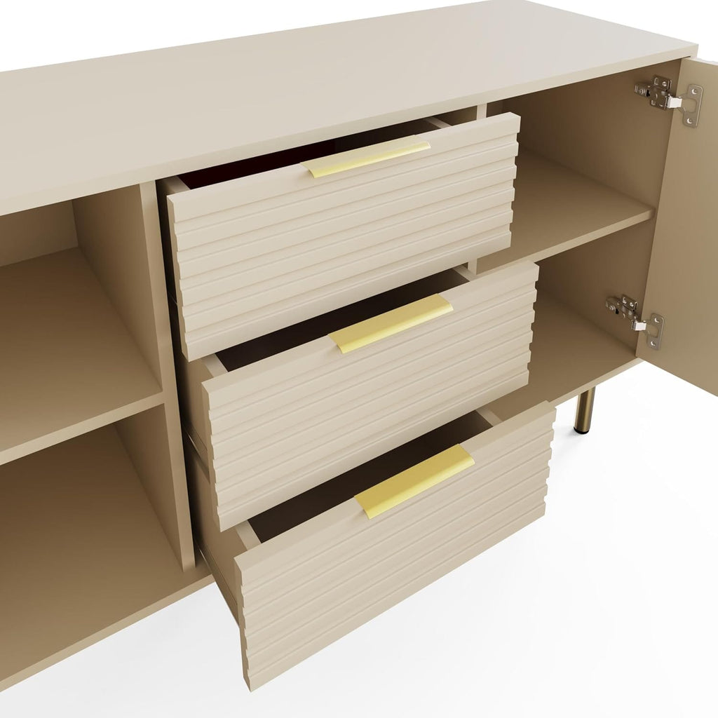 Art Deco Sideboard with 3 Drawers & 2 Doors | Wood Grain Finish | Brushed Metal Handles | Oak, Ivory & Black