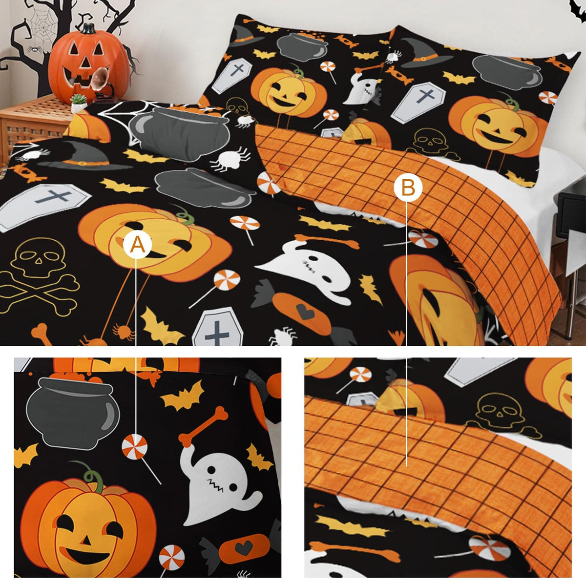 Halloween Duvet Cover Set 3 Pieces with Skull Pumpkin