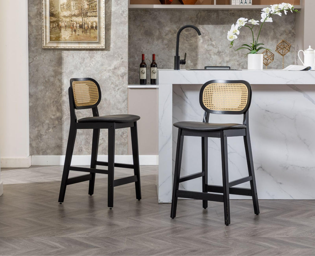 Shano Bar Stools Set of 2 | Rattan Backrest | Adjustable Height | PU Cushion | 4 Colours