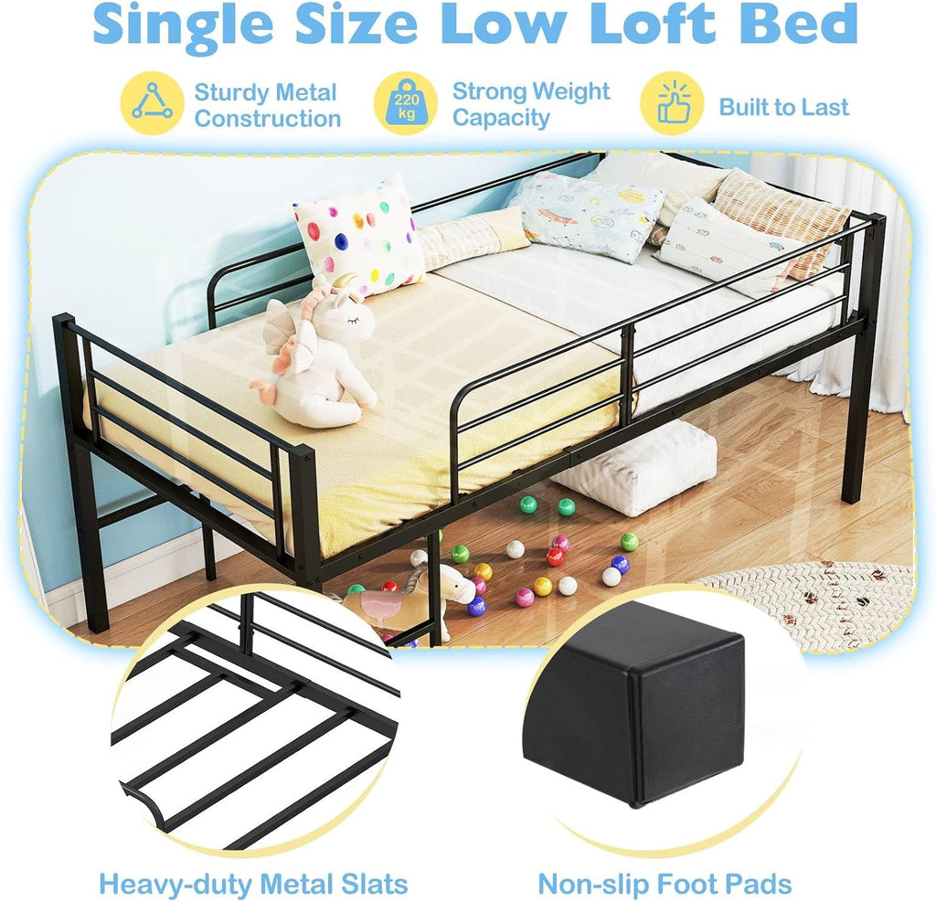 Metal Kids Bunk Bed, 3FT Children Loft Bed with Guardrails & 2 Ladders, Heavy Duty Toddler Bedframe for Boys Girls, No Box Spring Needed (Black)