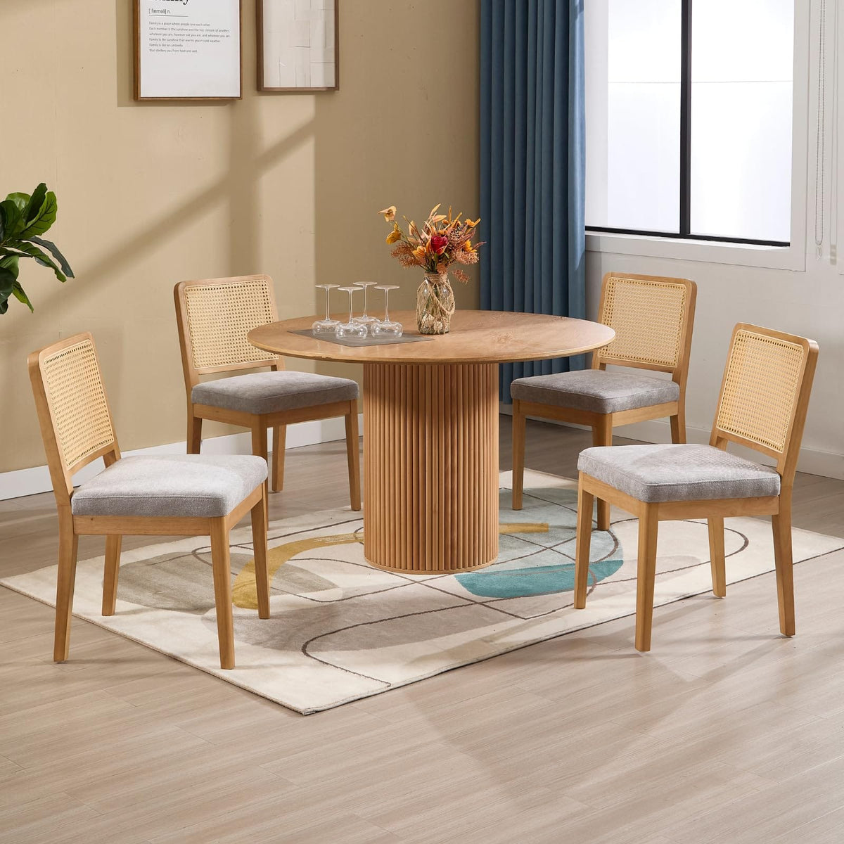 Rattan Backrest Dining Chairs | Linen Cushion | Wood Frame | Set of 2 or 4