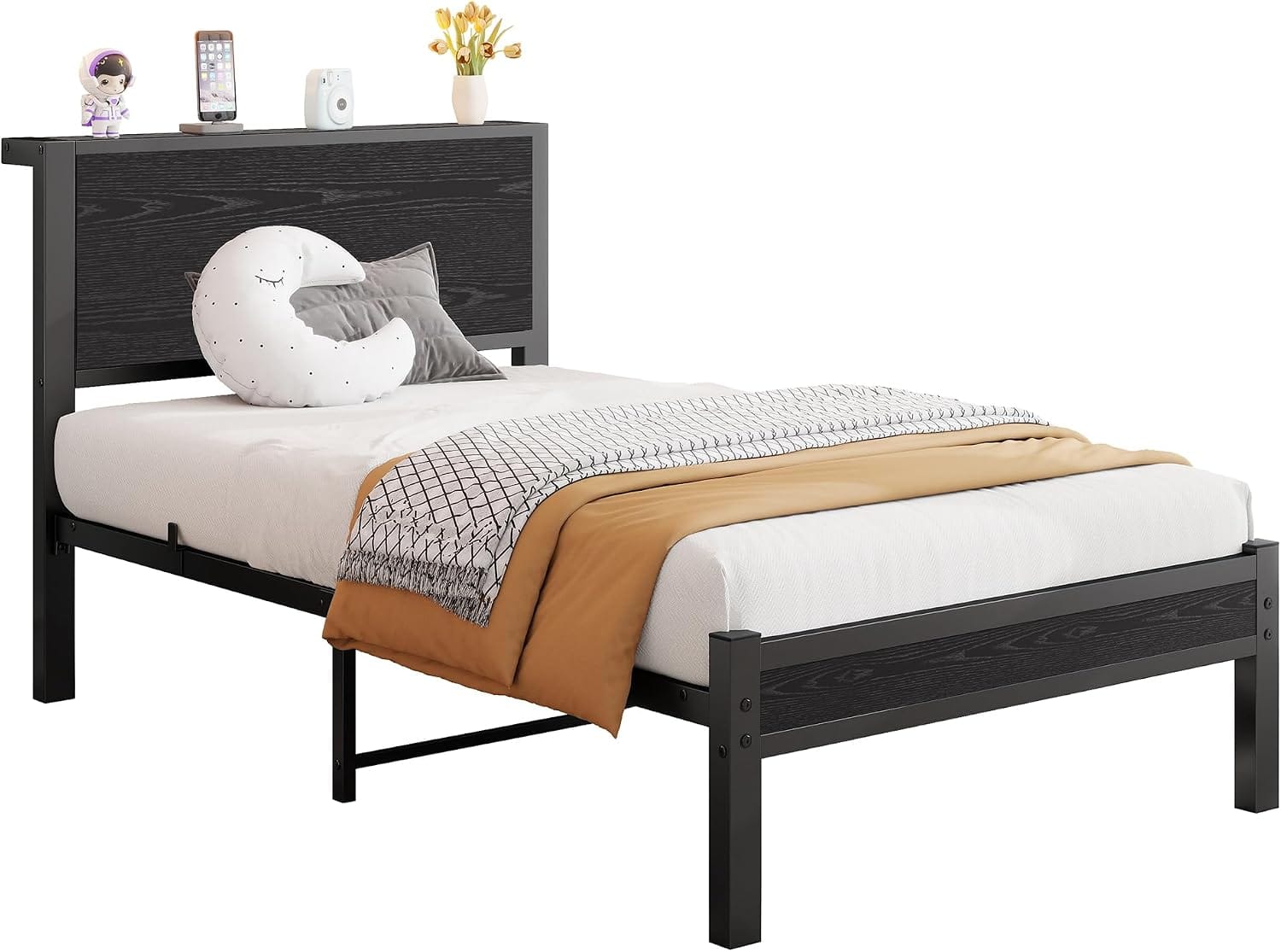 Metal Bed Frame with Wooden Storage Headboard | Heavy Duty Steel Slats | Single, Double & King