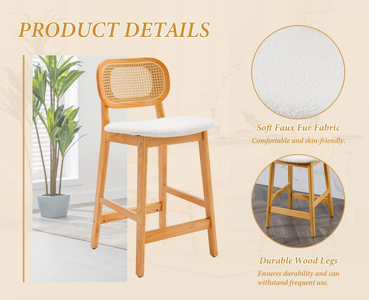 Shano Bar Stools Set of 2 | Rattan Backrest | Adjustable Height | PU Cushion | 4 Colours