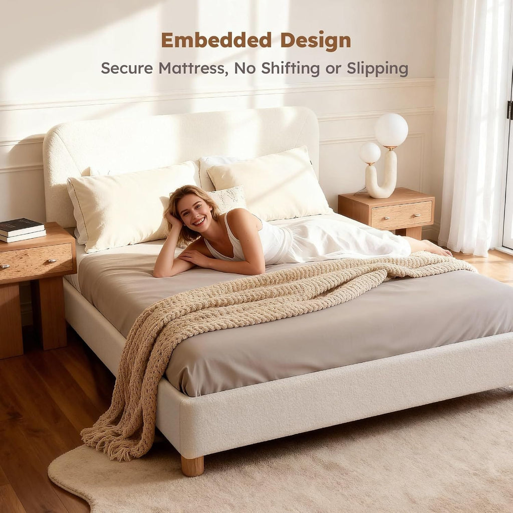 Boucle Cloud Bed Frame | Upholstered Adjustable Headboard | Solid Wood Legs | Double & King