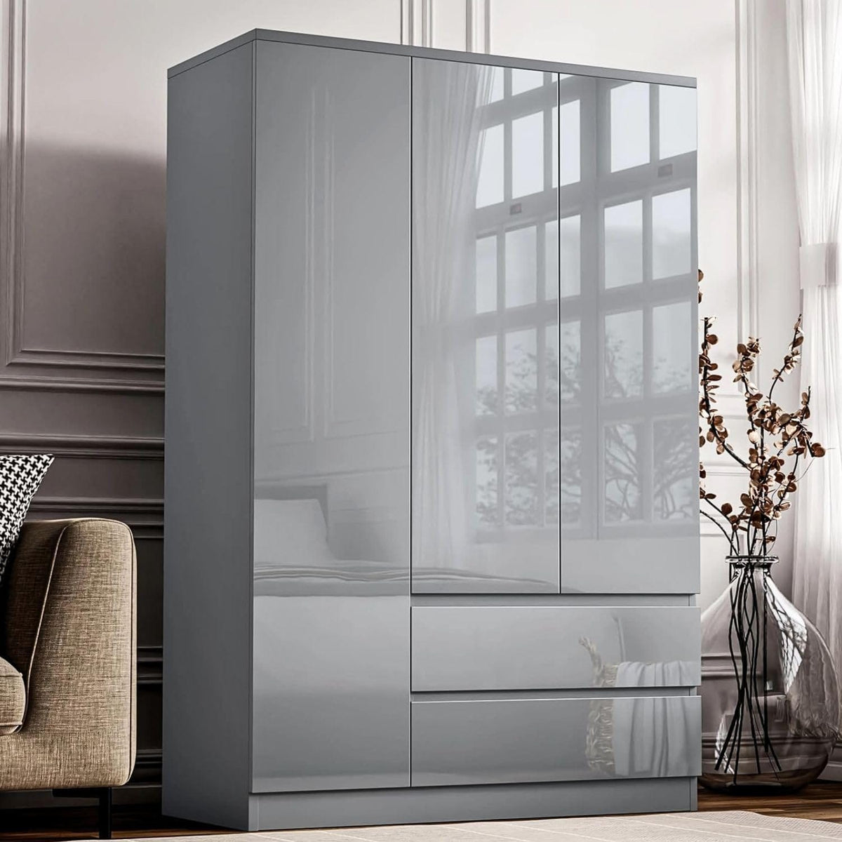 Shano High Gloss Wardrobe for Bedroom – White 2 Door & 2 Drawers Wooden Wardrobe with Hanging Rail, Modern Double Clothes Storage Cupboard Unit for Bedroom Furniture