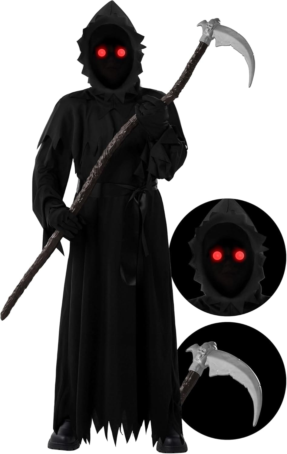 Spooktacular Creations Child Unisex Black Grim Reaper Costume, Creepy Phantom Costume with Gloves Scythe Light-Up Glasses for Boys Halloween Dress up, Role-Playing