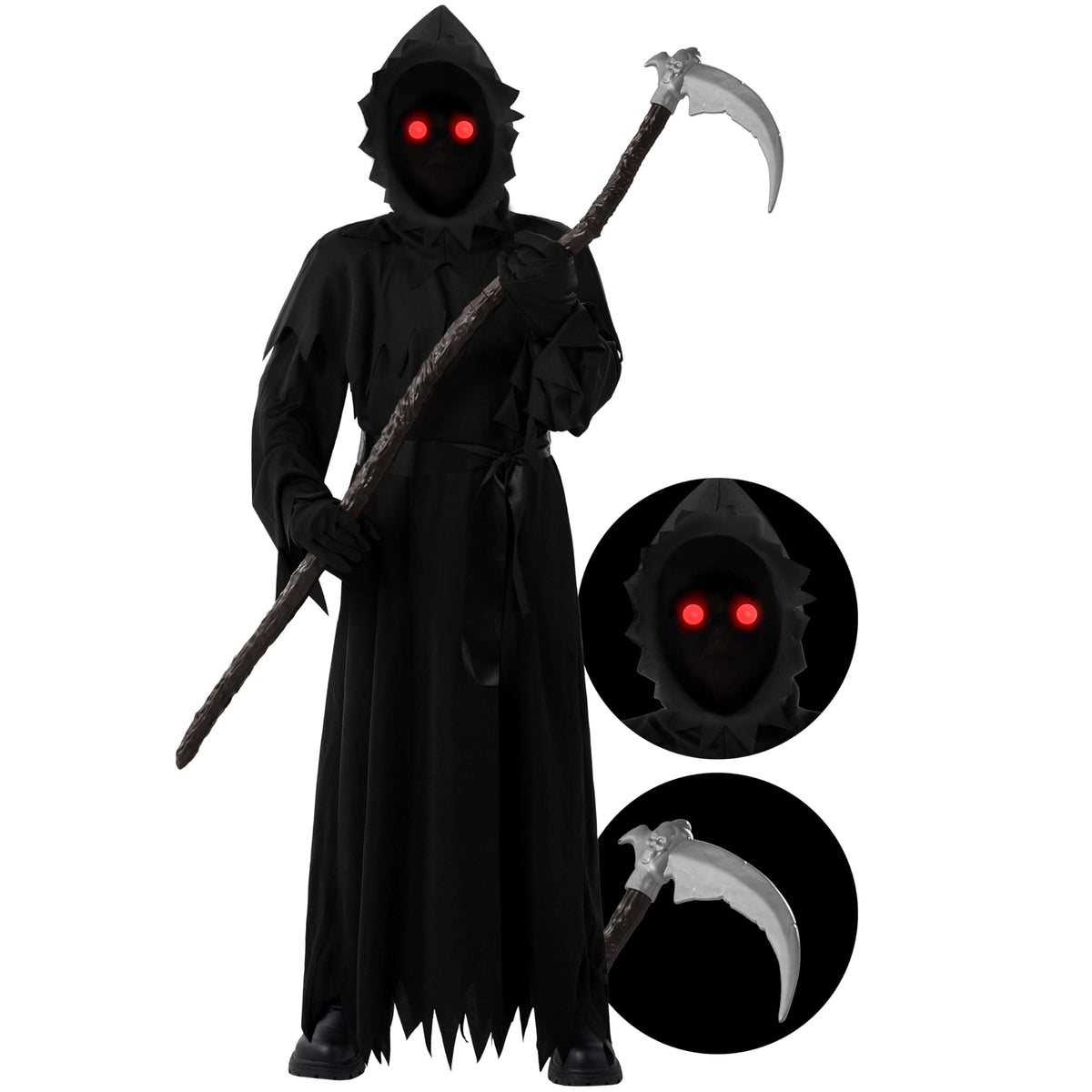 Spooktacular Creations Child Unisex Black Grim Reaper Costume, Creepy Phantom Costume with Gloves Scythe Light-Up Glasses for Boys Halloween Dress up, Role-Playing