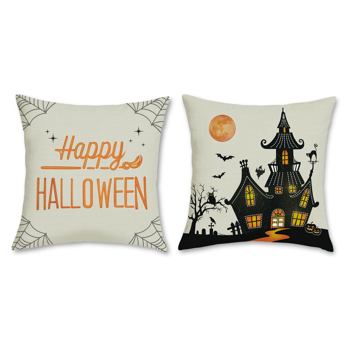 Happy Halloween Cushion Covers 45 x 45 cm Pumpkin Ghost Black Cat Trick or Treat Decorative Pillow Covers Black Pillowcases for Sofa Bed Home Outdoor Decor Set of 4