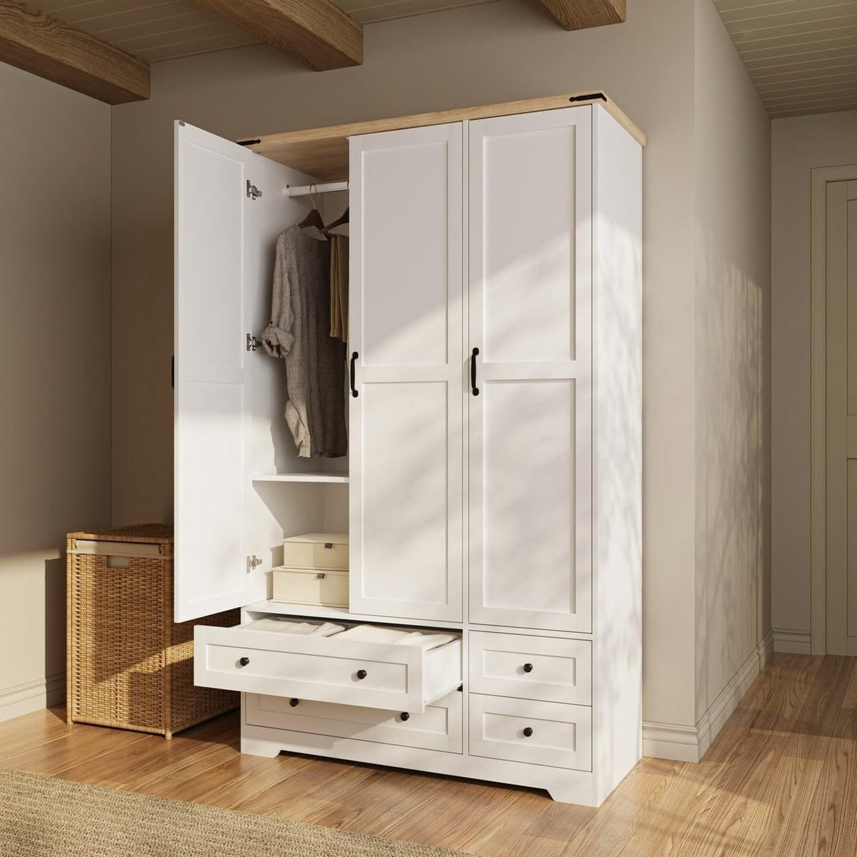 Shano Wardrobe with 3 Doors & 4 Drawers | White, Black, Grey & Oak