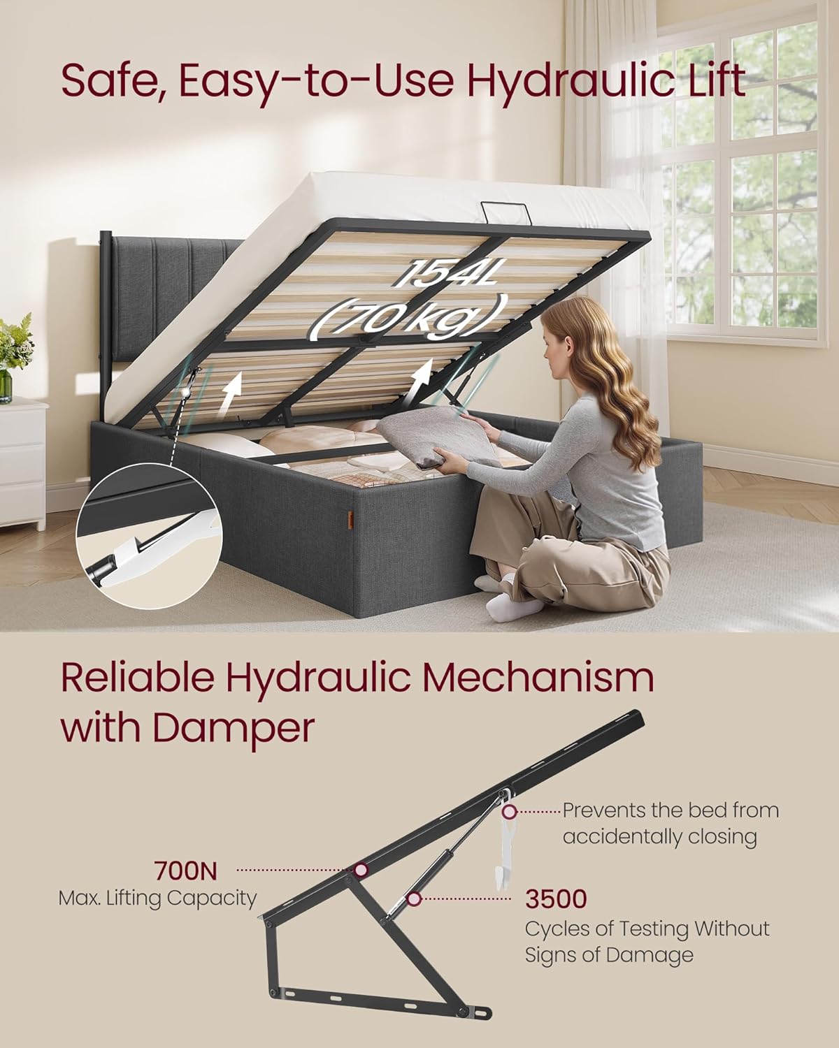 Ottoman Bed Frame with Lift-Up Storage | Hydraulic Lift | Upholstered Headboard | Double & Small Double