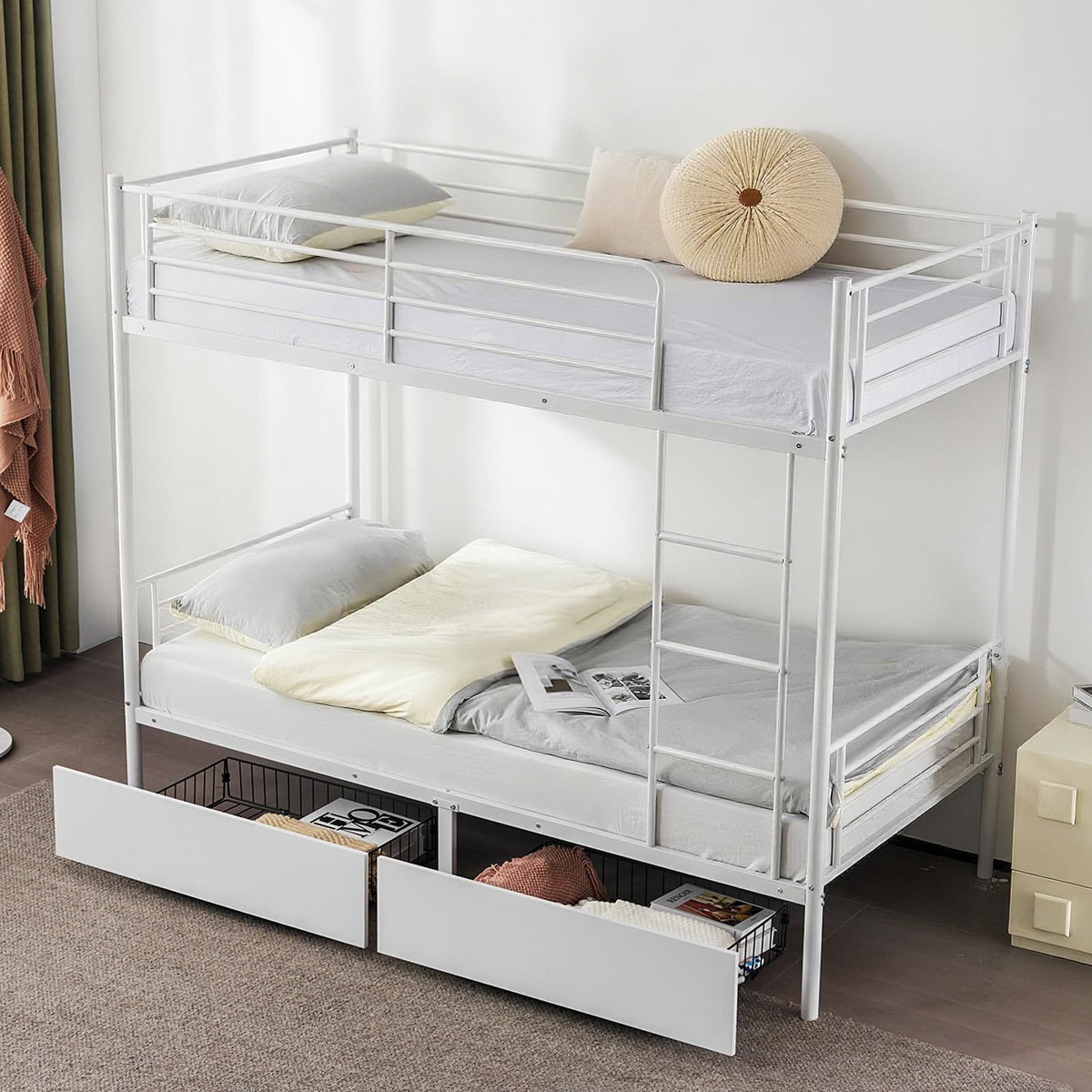 Heavy Duty Metal Bunk Bed Frame with 2 Storage Drawers
