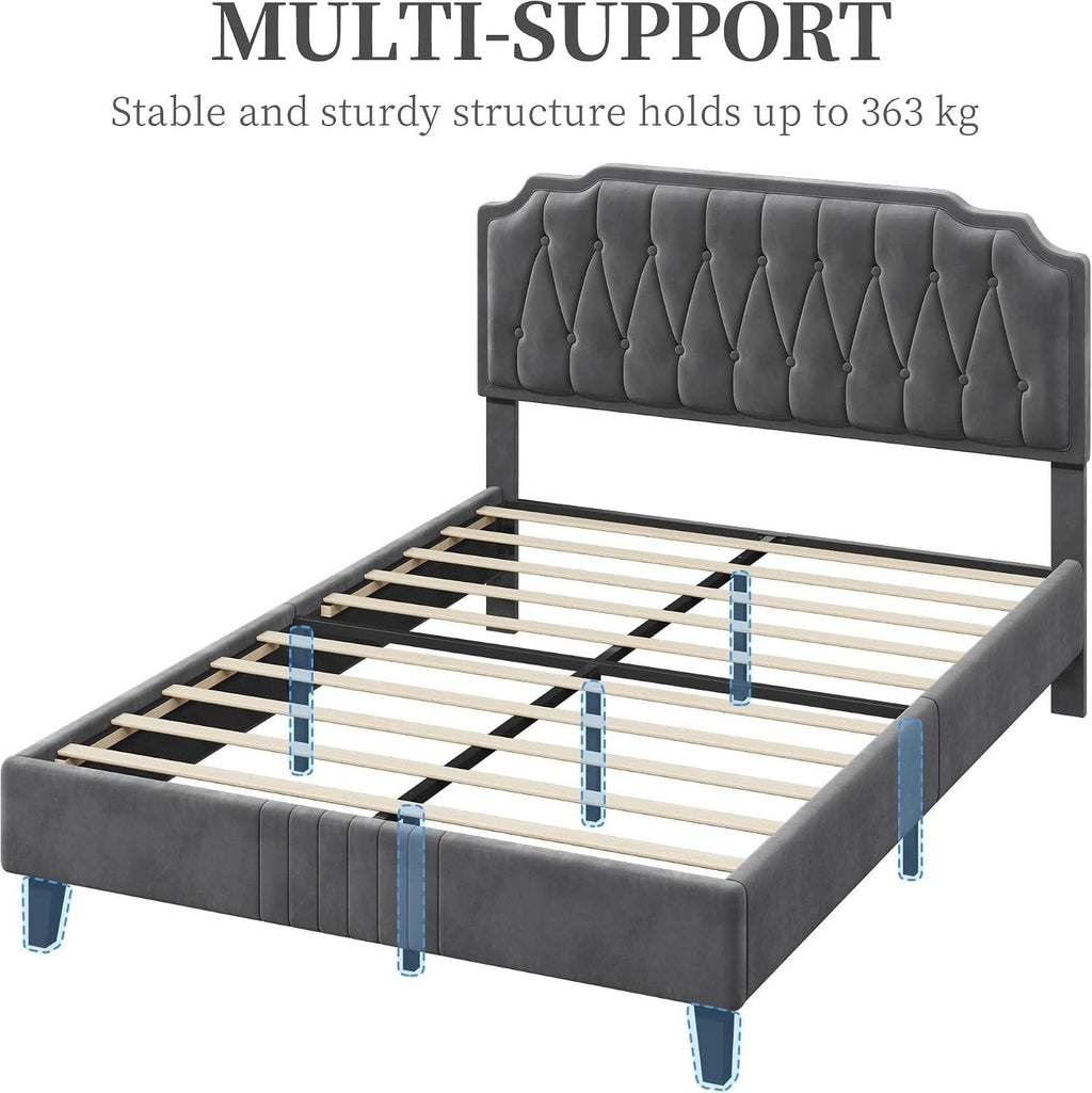 Velvet Upholstered Bed Frame | Button-Tufted Headboard | Wooden Slats | Double & King