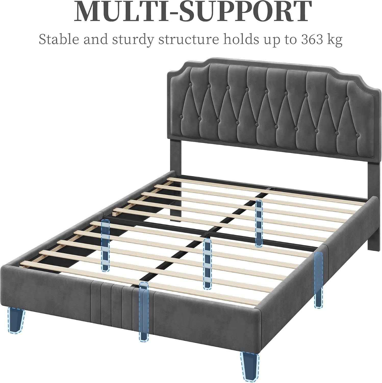 Velvet Upholstered Bed Frame | Button-Tufted Headboard | Wooden Slats | Double & King