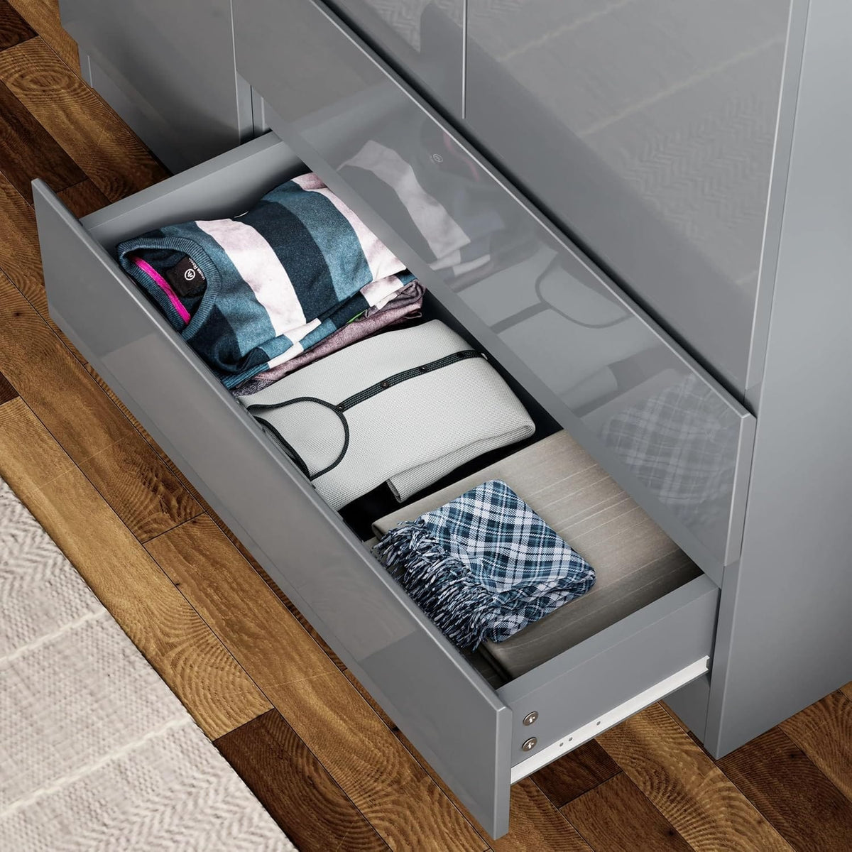 Shano High Gloss Wardrobe for Bedroom – White 2 Door & 2 Drawers Wooden Wardrobe with Hanging Rail, Modern Double Clothes Storage Cupboard Unit for Bedroom Furniture